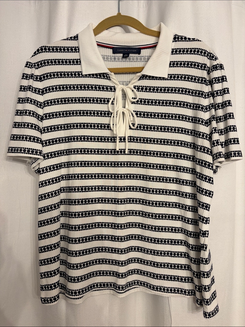 Tommy Hilfiger Cream and Black Striped Lace-Up Polo Top